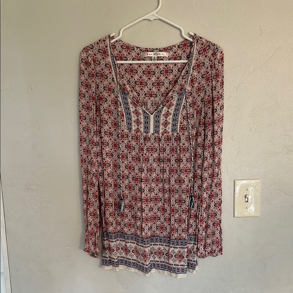 Max Studio Red and Orange Embellished Long Sleeve Blouse